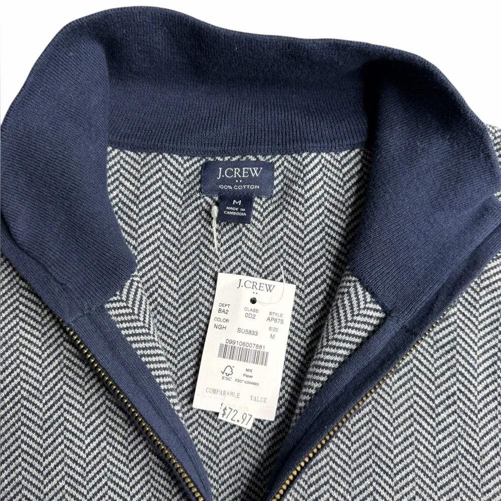 NWT J.Crew Men’s Cotton Herringbone Quarter Zip‎ Sweater Navy Gray Size M